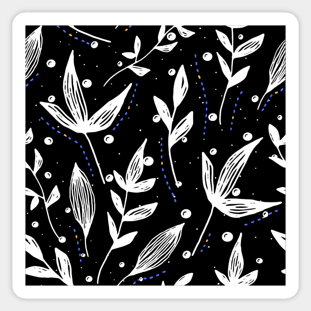 Black Background White Leaves pattern Sticker by FabDesign